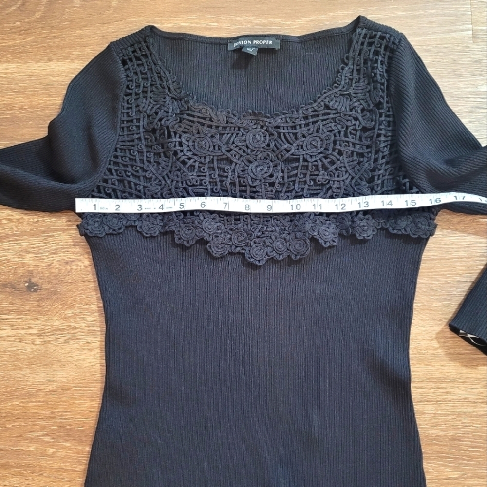 Boston Proper Black Ribbed Knit Sweater Crochet Lace Neckline Sz M - Picture 10 of 13